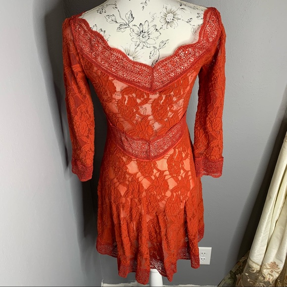Urban Outfitters Orange Lace Sheer Dress Boho MED - Picture 3 of 5